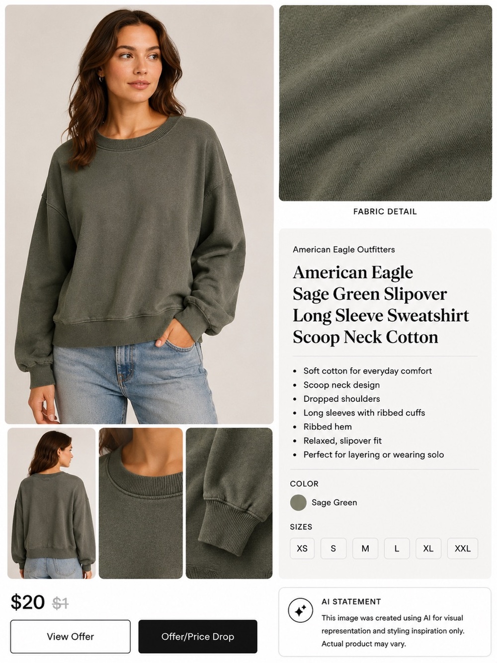 American Eagle Sage Green Slipover Long Sleeve Sweatshirt Scoop Neck Cotton